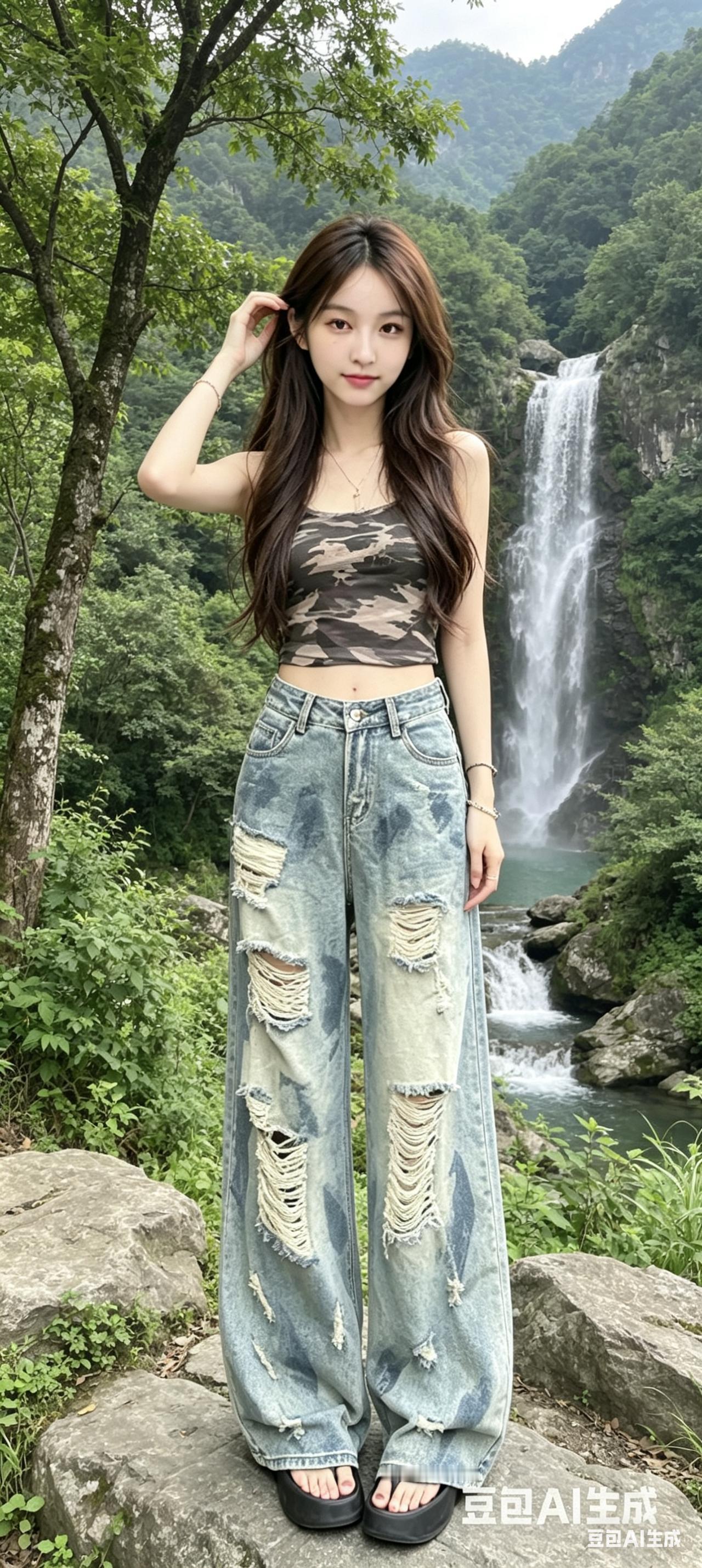 夏日清凉穿搭指南：迷彩背心+破洞牛仔裤，瀑布前打卡！