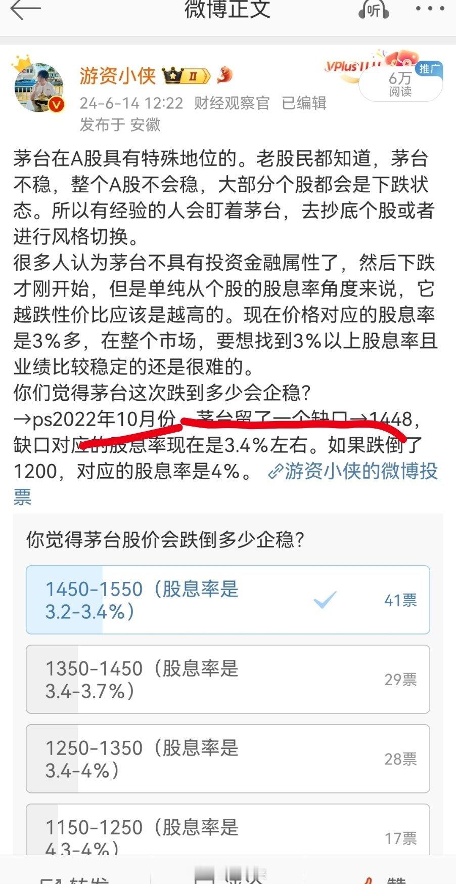 我置顶动态就是关于茅台的投票，里面写了他在22年10月有个缺口，缺口对应的价格是