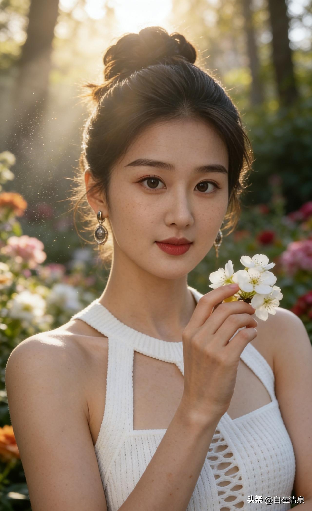 美女凑近花深吸一口气，正欲营造唯美意境，没忍住“阿嚏”一声，震落花瓣无数。
她揉