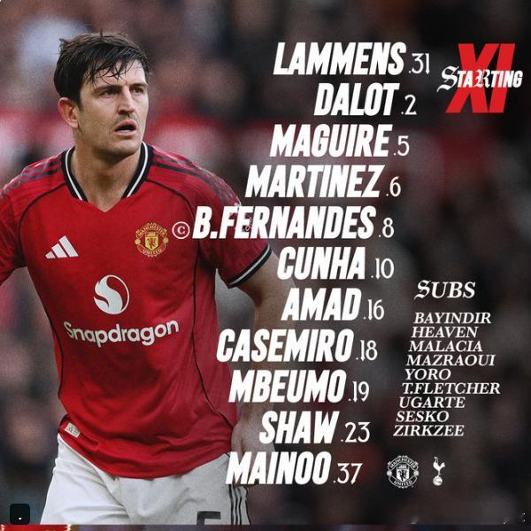 曼联首发：拉门斯，达洛特，马奎尔，利马，卢克肖，卡塞米罗，科比梅努，B费，库尼亚
