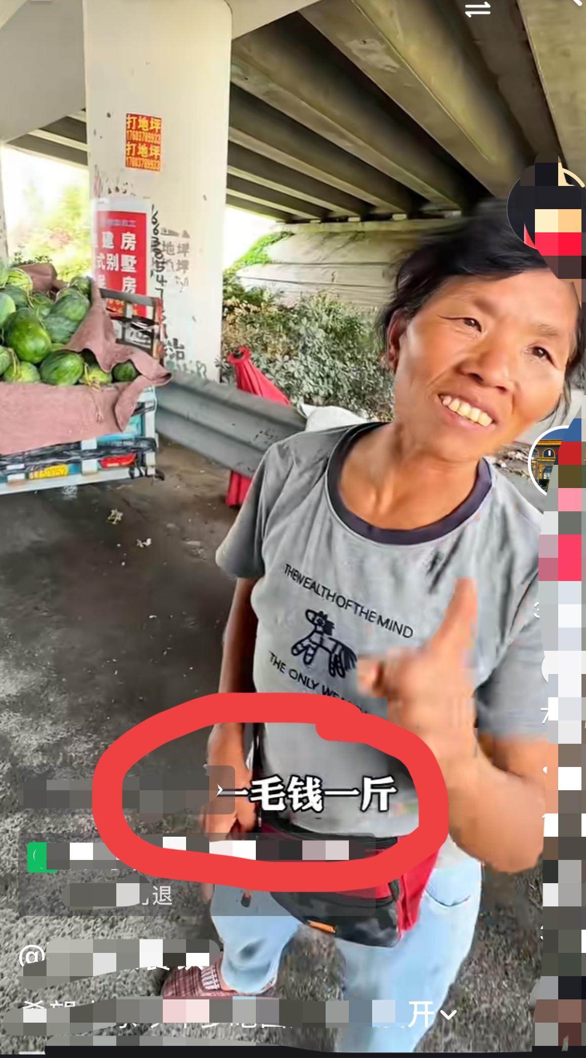 西瓜🍉一毛钱一斤？！
在抖音里看到一个河南大姐在卖西瓜
一个好音的博主上前询问