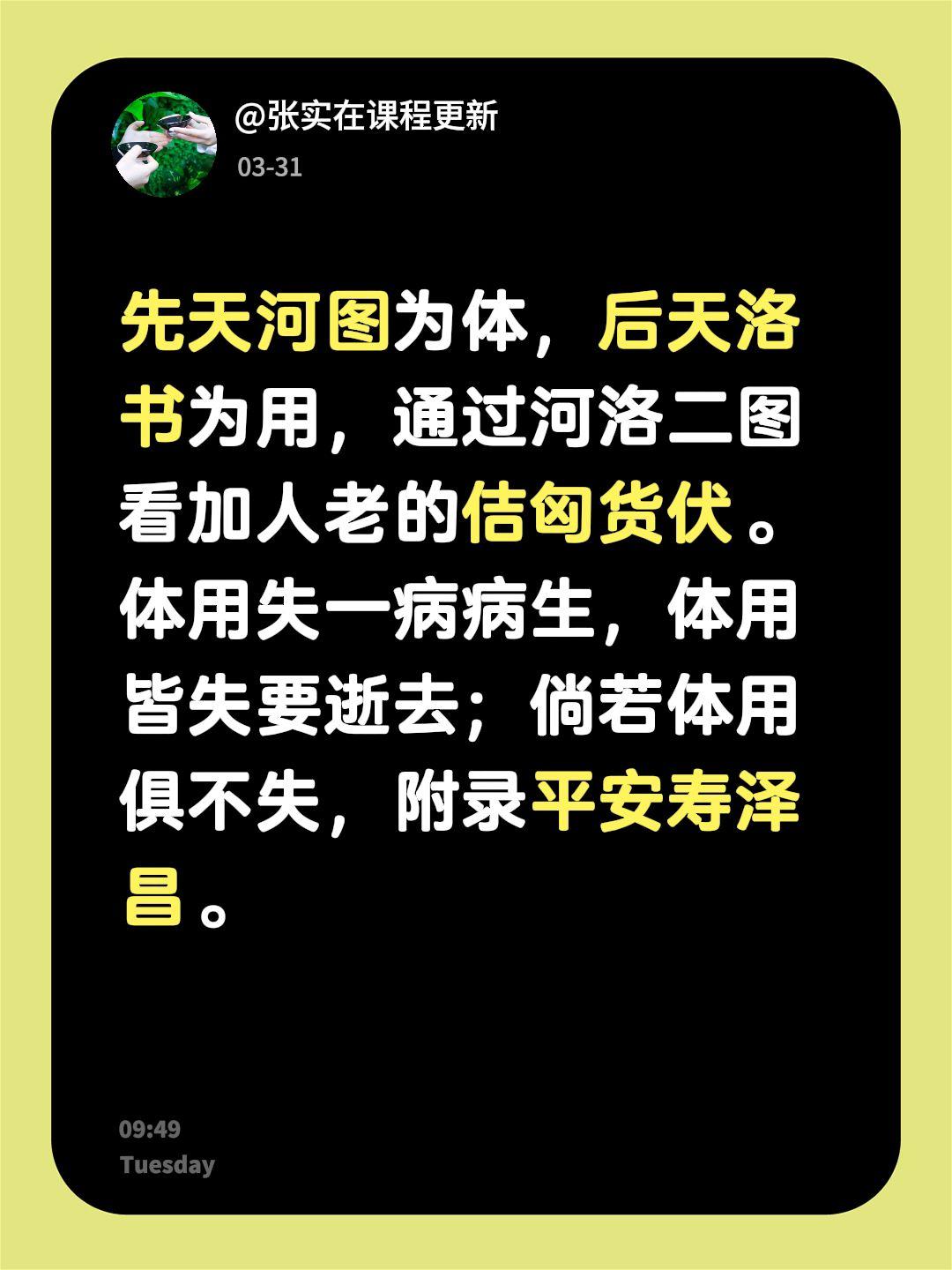 先天河图为体，后天洛书为用，通过河洛二图看加人老的佶匈货伏。
体用失一病病生，体
