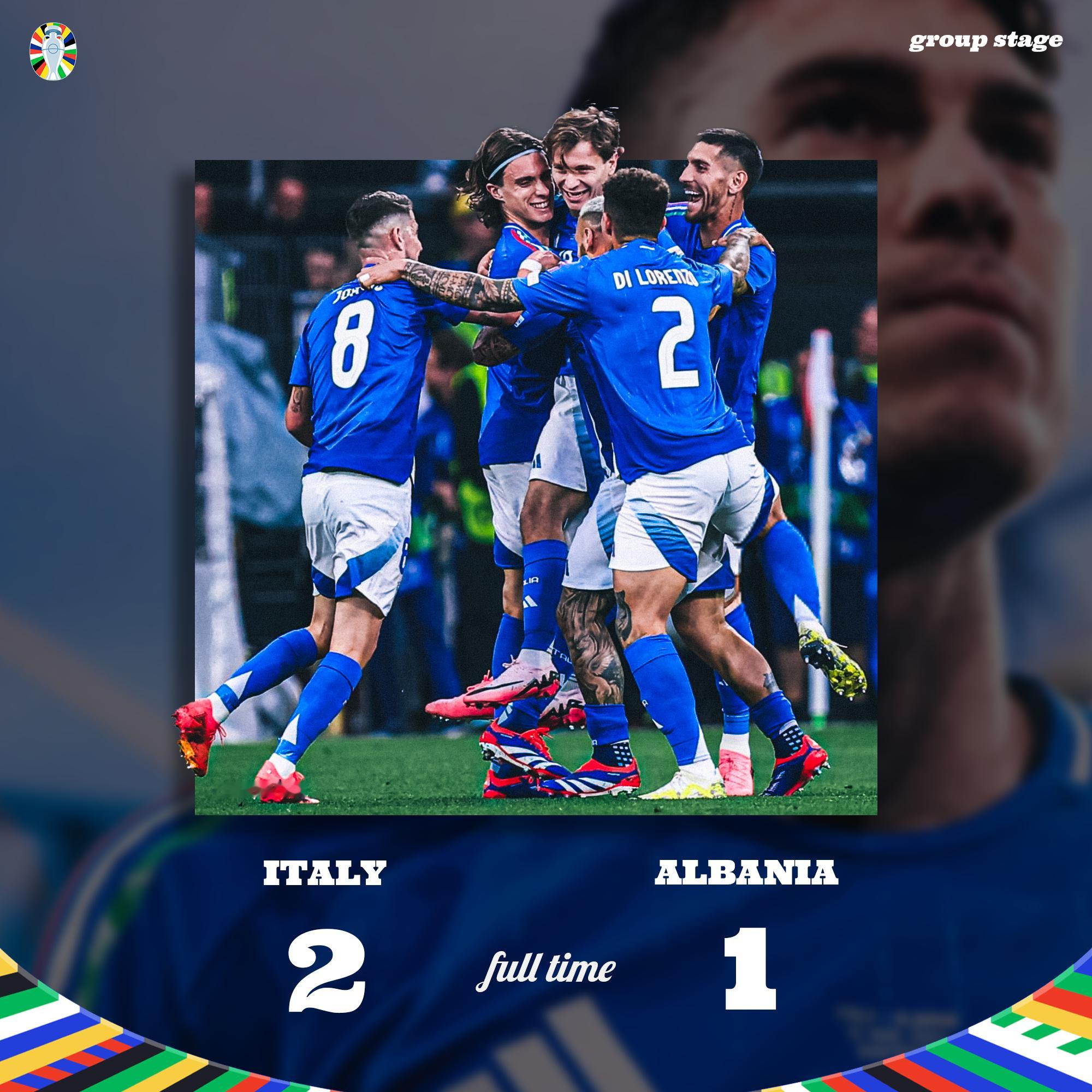 FT | 意大利 2-1 阿尔巴尼亚逆转对手，意大利队以胜利开启卫冕之路。🇮?