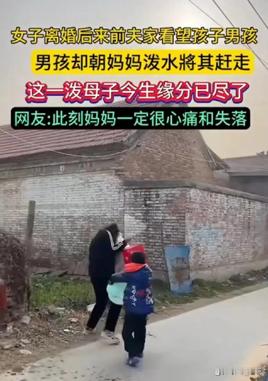 女子离婚来看儿子，结果被儿子拿盆泼水。女人结婚不幸福，不得已和老公离婚了，儿子判