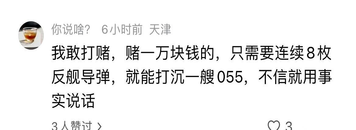 我看到个特有意思的帖子。
有人信誓旦旦，说要赌一万块钱，赌8枚反舰导弹能干沉一艘