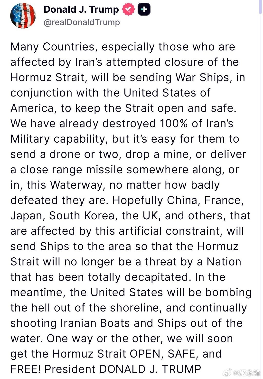 呃， 中国不需要派军舰，本来就可以通航唐纳德·J·特朗普许多国家，特别是那些受到