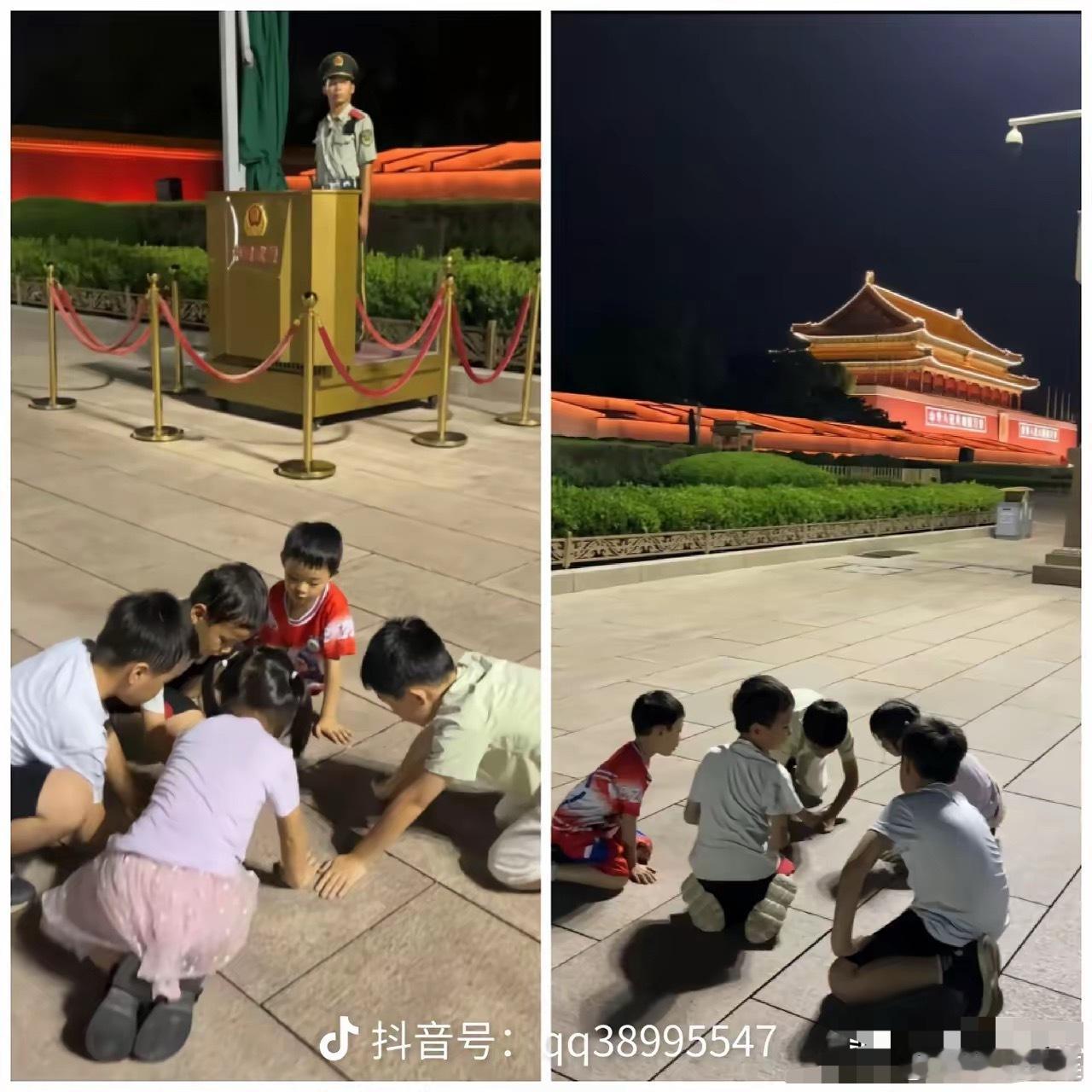 天安门，玩耍的小孩，站岗的哨兵，这一刻，国泰民安具象化了！​一群趴在地上玩耍的小
