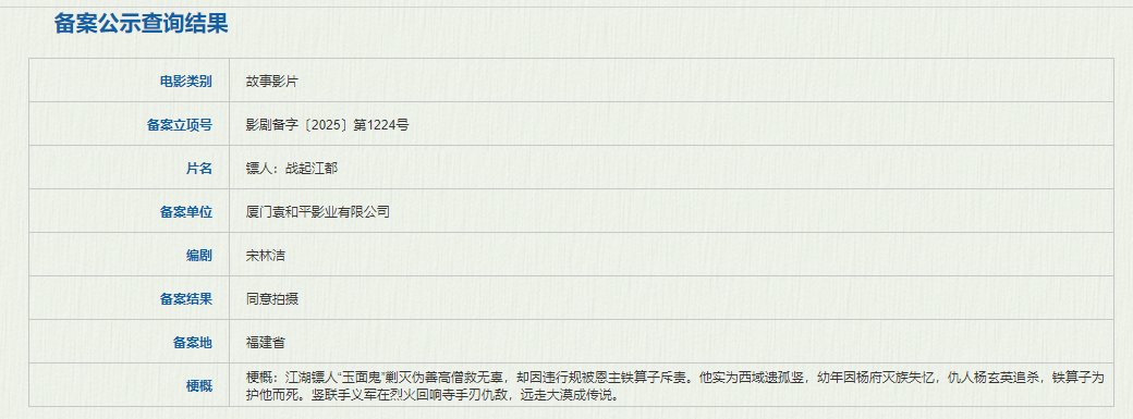 镖人战起江都备案 镖人战起江都是竖的故事 据国家电影局关于2025年6月下全国电