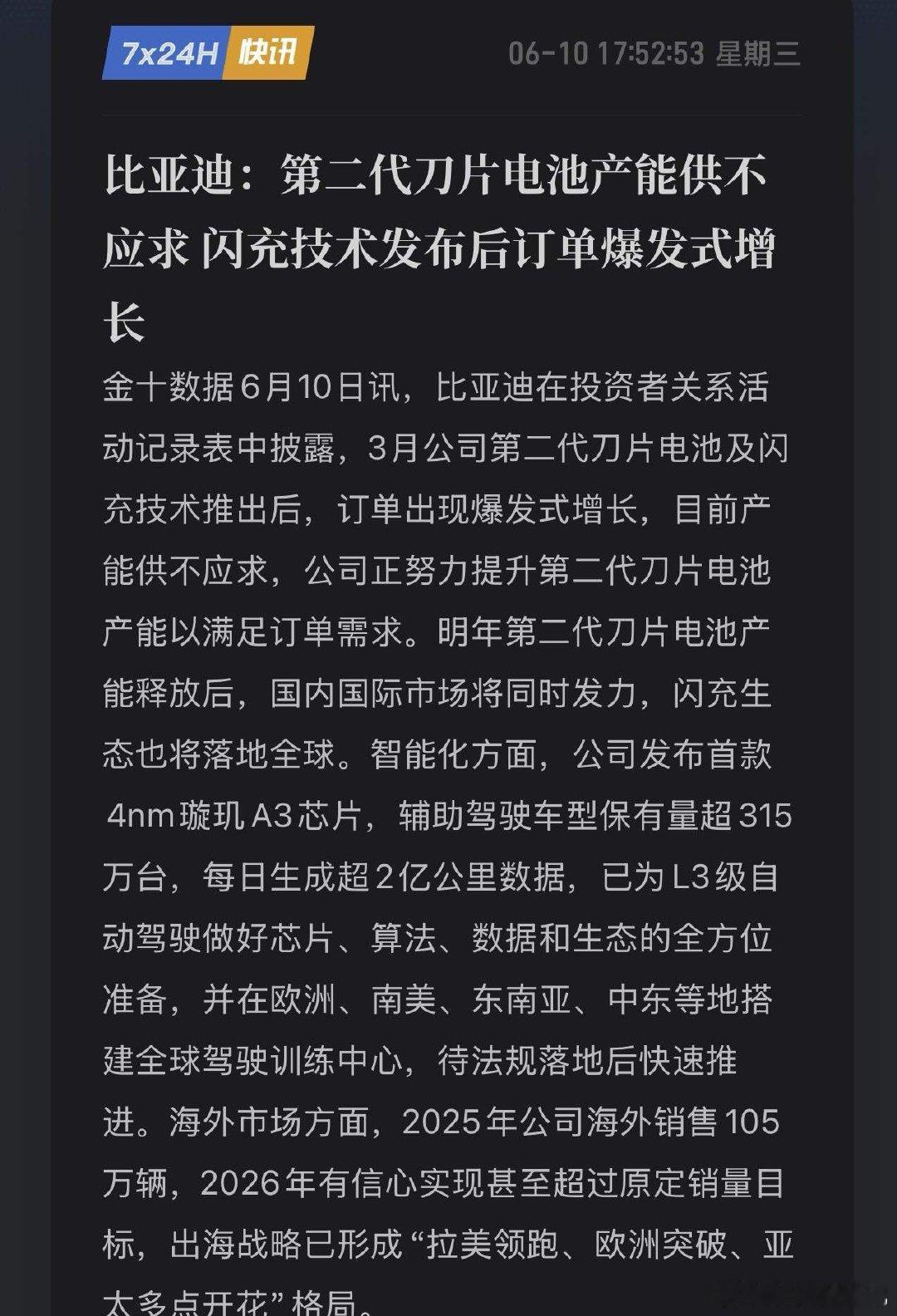 二代刀片电池卖爆了！9分钟充饱电，王传福：今年销量看产能！6月10日，比亚迪抛公