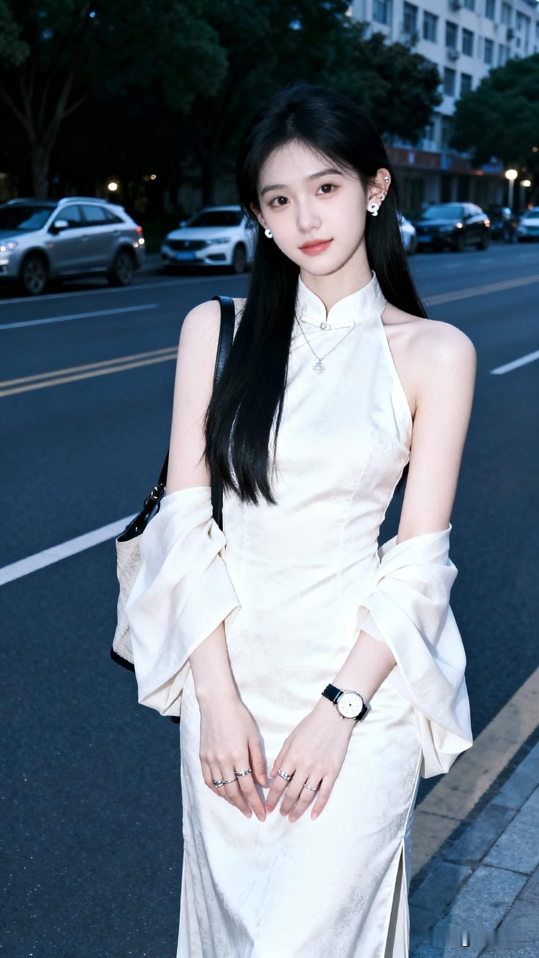 白衣飘飘，夜色如墨。气质红妆女子 紫裙暖光氛围