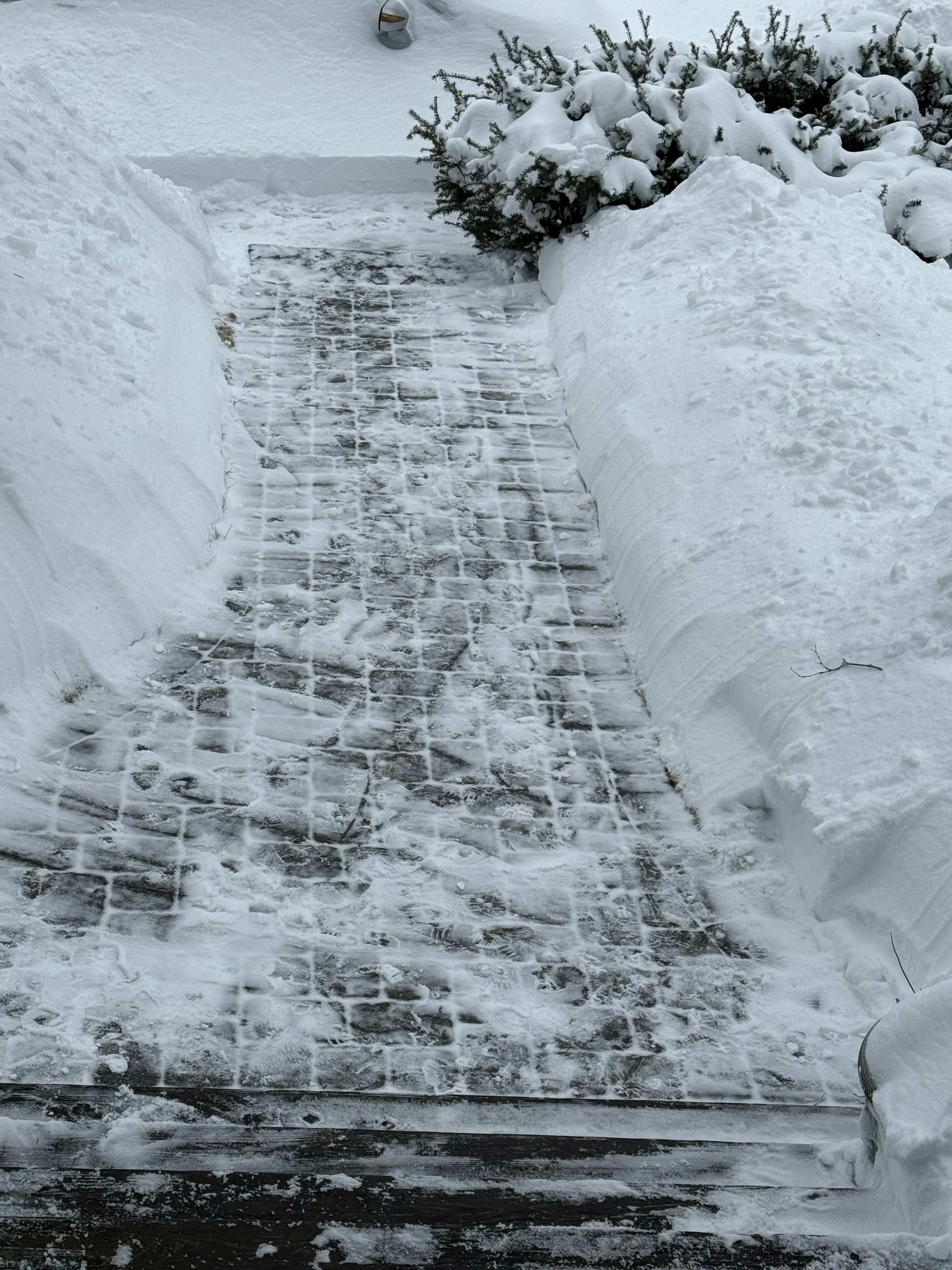 门口过道和台阶已经清理得差不多了，两边的雪堆了一米多高。铲雪比跑步还累呀！ 