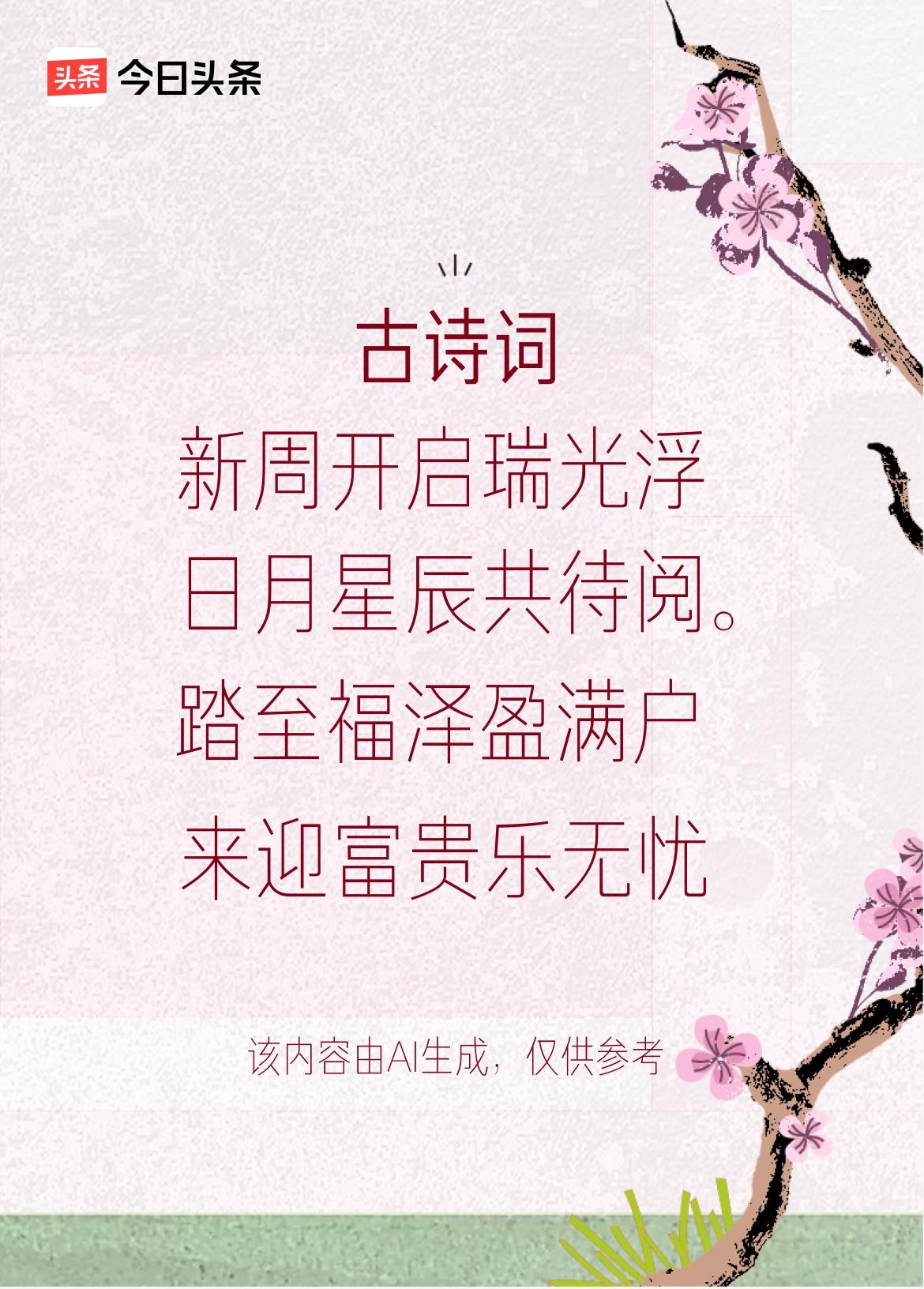 文学创作大会：新周开启瑞光浮，财路通时好运留，踏至福泽盈满户，来迎富贵乐无忧。戳