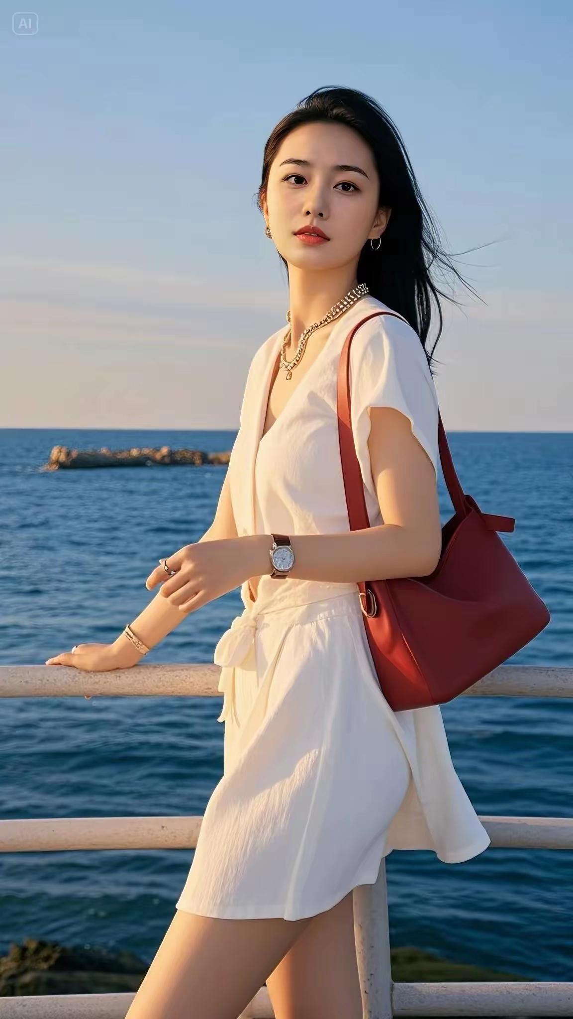 海边漫步，夏日清新穿搭，白色连衣裙与海风相得益彰。