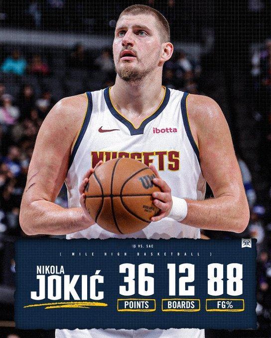 约基奇创里程碑：生涯第 8 次以 85%+ 命中率砍 30+，追平贾巴尔升至历史