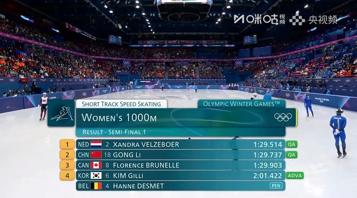 公俐晋级1000米决赛   米兰冬奥会短道速滑女子1000米半决赛，公俐1:29