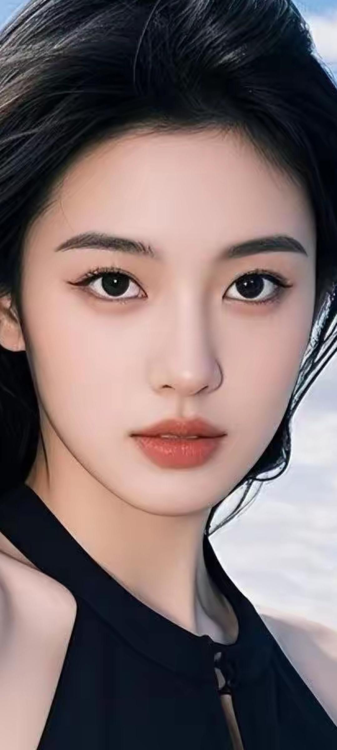 温柔甜美的少女，黑发红唇，清新自然。