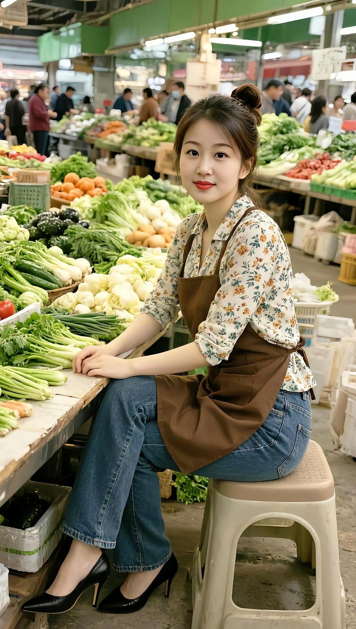 市场里卖菜的美女坐在凳子上。