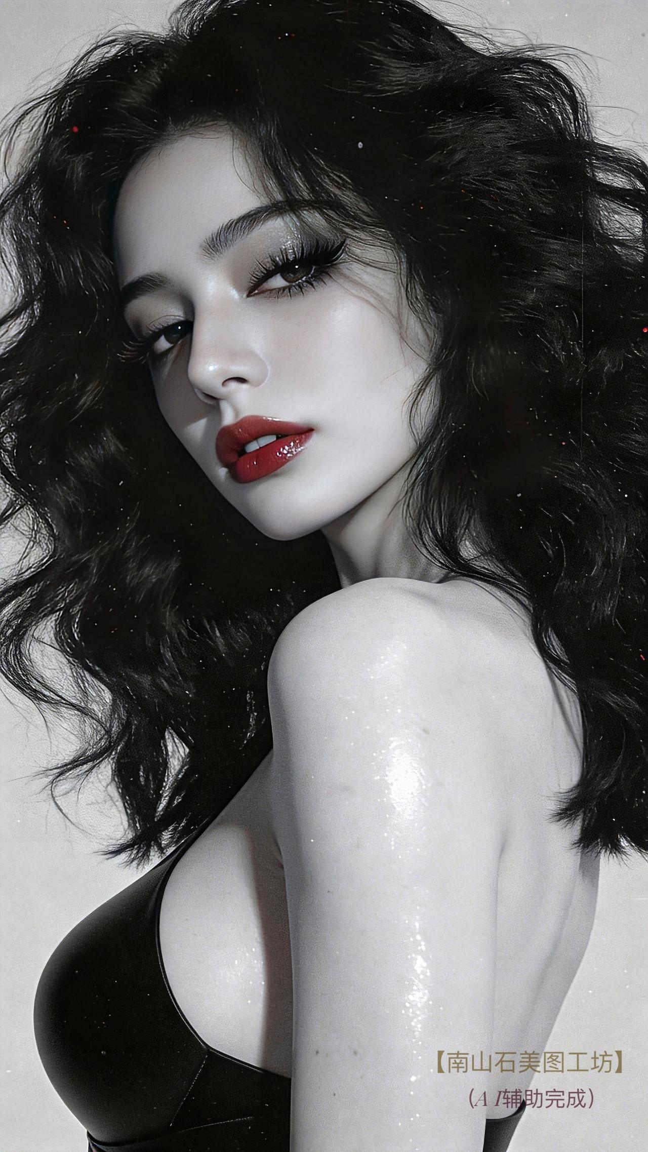 墨瀑卷发肆意张扬，瓷白肌光流转似星，红唇燃着烈焰。黑色抹胸勾勒肩颈柔线，光影织就