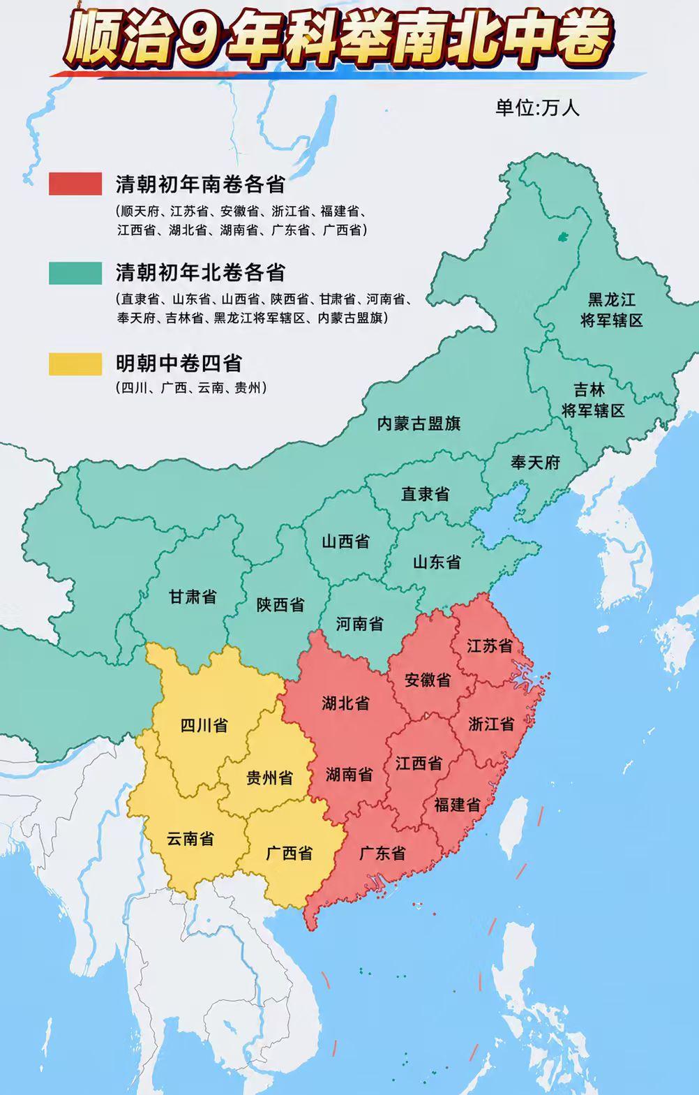 高考一二卷的分区，原来是有历史渊源的啊。
现在的全国一卷区域就是明清时期南卷区域