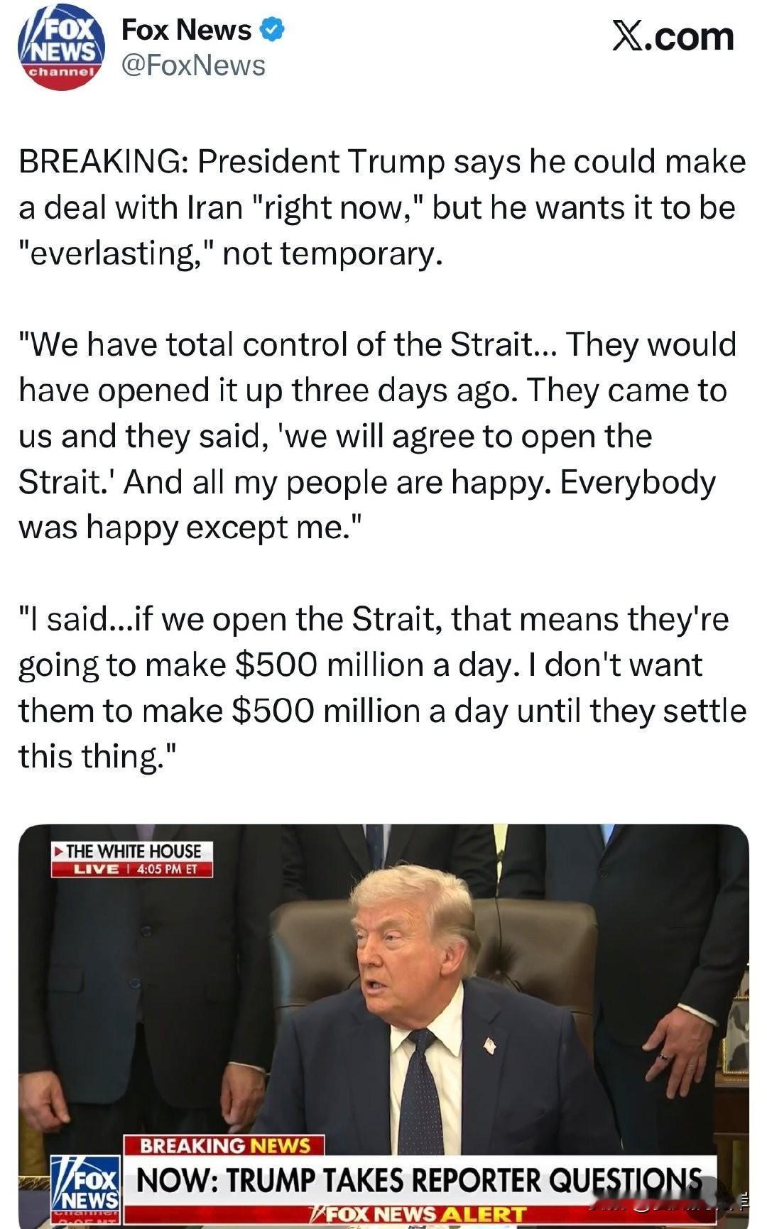 突发消息：川普总统表示，他“现在就能”与伊朗达成协议，但他希望这份协议是“永久的