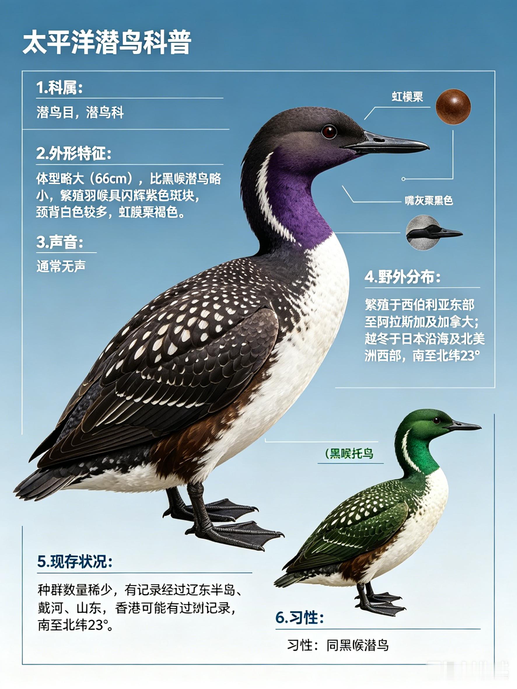 鸟类朋友图鉴 太平洋潜鸟·科属：潜鸟目，潜鸟科。·外形特征：体型略大（66cm）