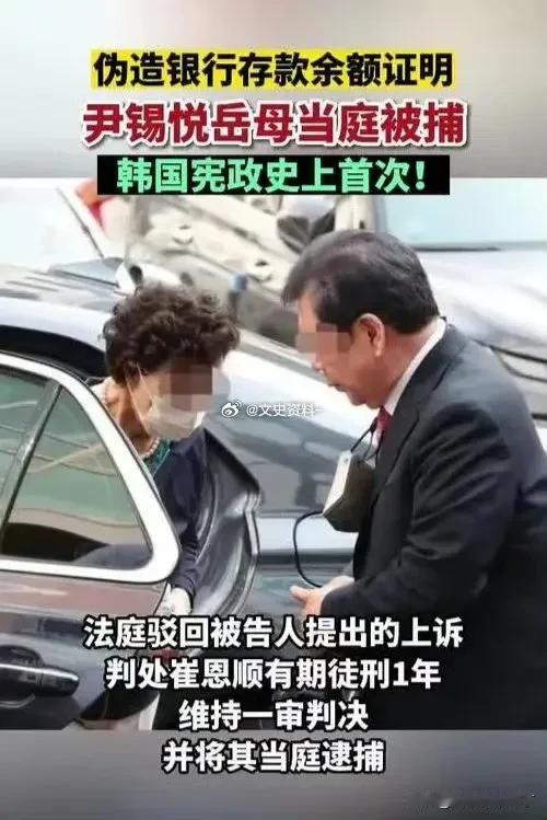 大韩民国堂堂在任总统尹锡悦的岳母崔恩顺居然被当庭逮捕！韩联社称，这在韩国宪政史上