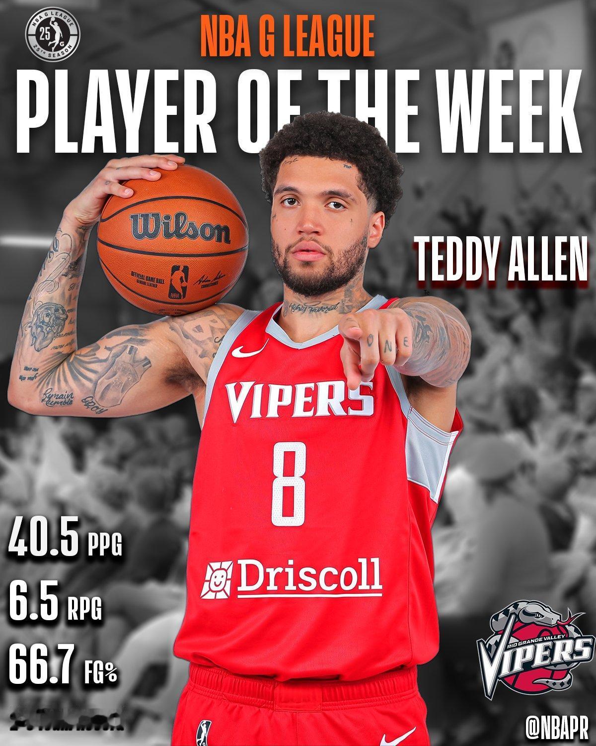 火箭二队里奥格兰德峡谷毒蛇的侧翼球员泰迪-阿伦（Teddy Allen）当选了上