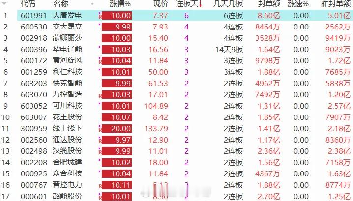 5月13日连板复盘：大唐发电icon强势晋级6板。今日连板梯队速览：6连板：大唐