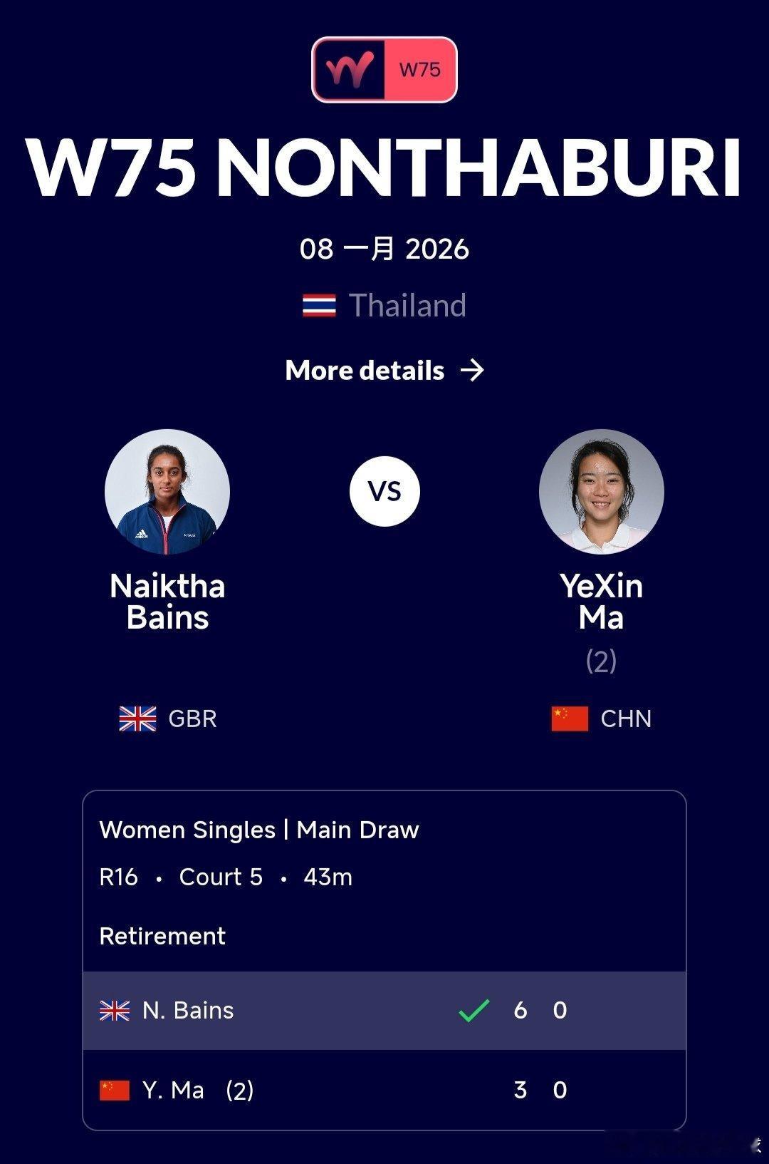 W75暖武里府站🇹🇭女单第二轮马烨欣🇨🇳3-6落后贝因斯🇬🇧时因伤退
