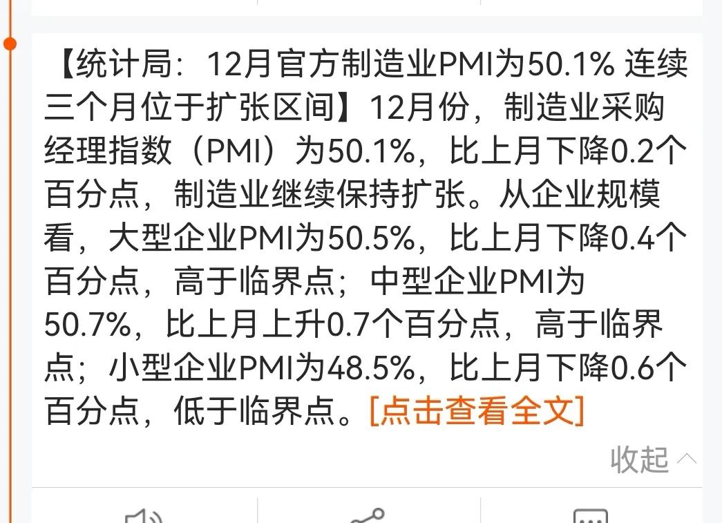 老手说股：（2）
上午公布了12月份制造业采购经理指数，仍位于50这个景气度上方