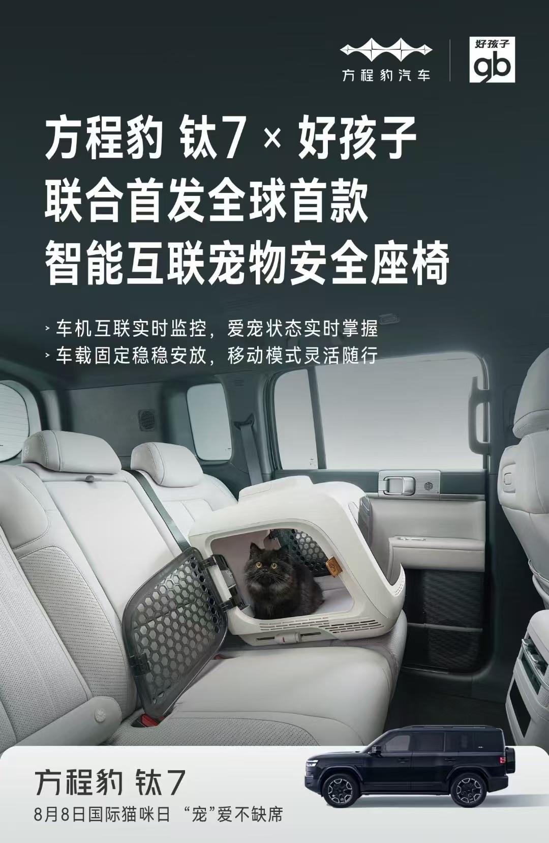 我滴个乖乖，喵星人都有安全椅了？方程豹钛7发布宠物安全座椅，支持车机互联实时监控