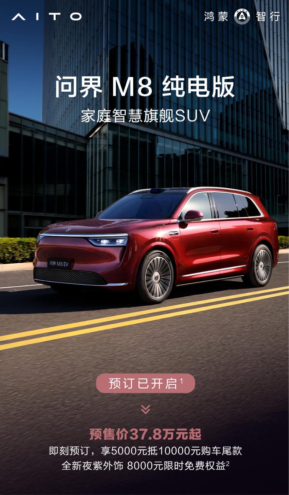 问界M8纯电版开启预定，预售价37.8万起。8月上市，大概会是和其他一样，增程版