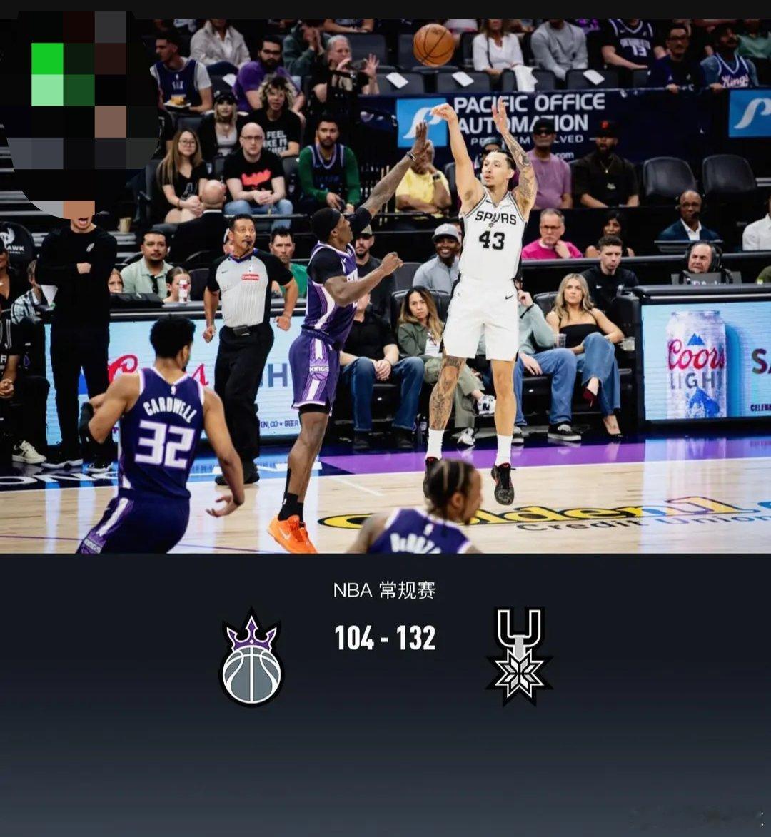 马刺132-104大胜国王，文班三节打卡，雷诺空砍32分北京时间3月18日NBA