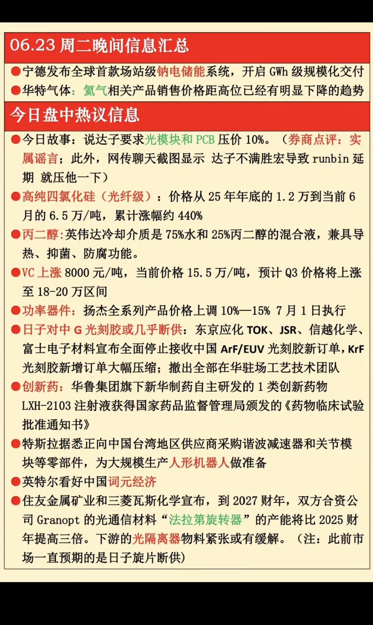 6.23周二 晚间财经信息汇总！

1.纳电储能
2.高纯四氯化硅
3.光刻胶