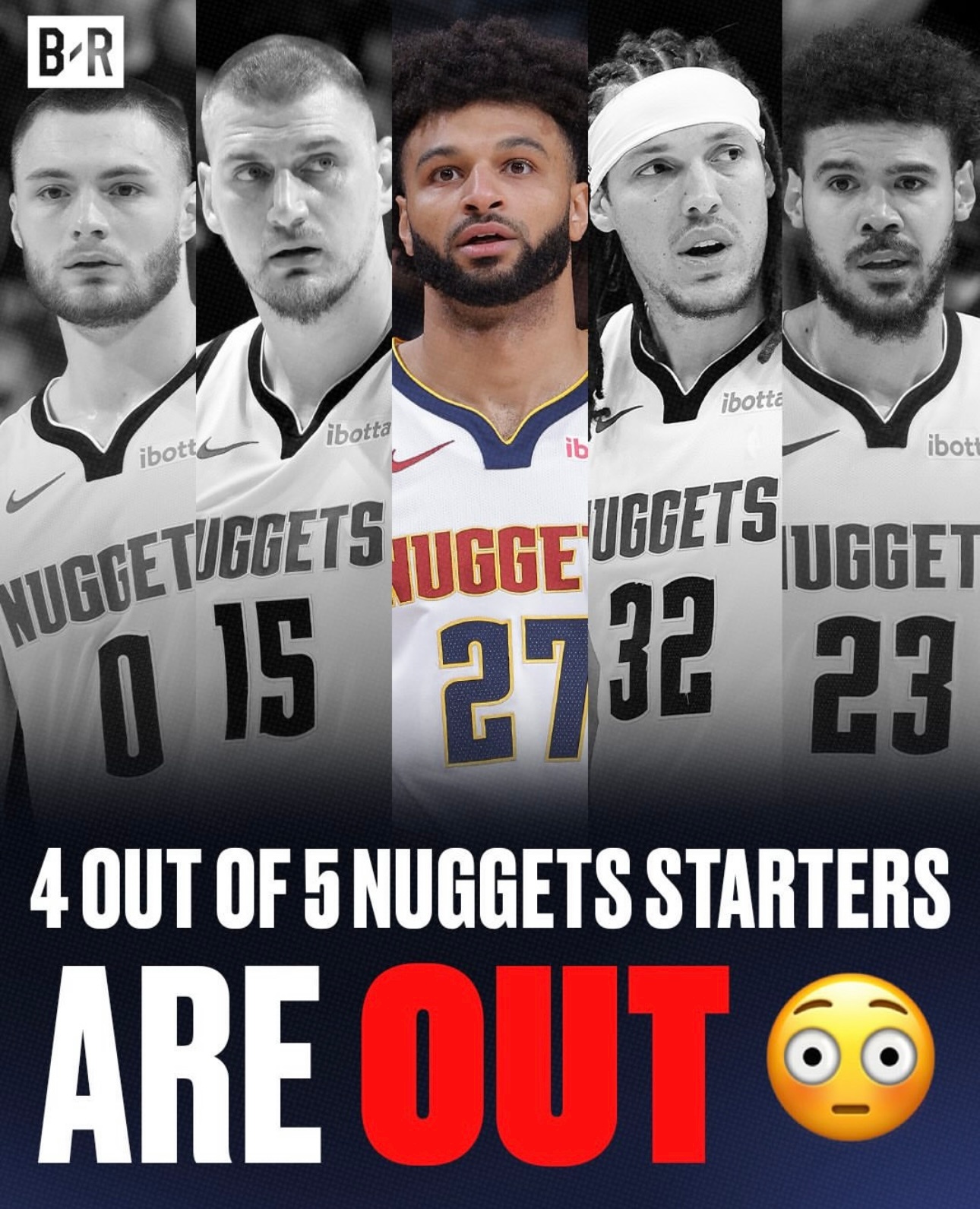 太惨了！5个首发伤了4个！掘金官方更新了球队伤病报告，约基奇￼（左膝伤势管理）、