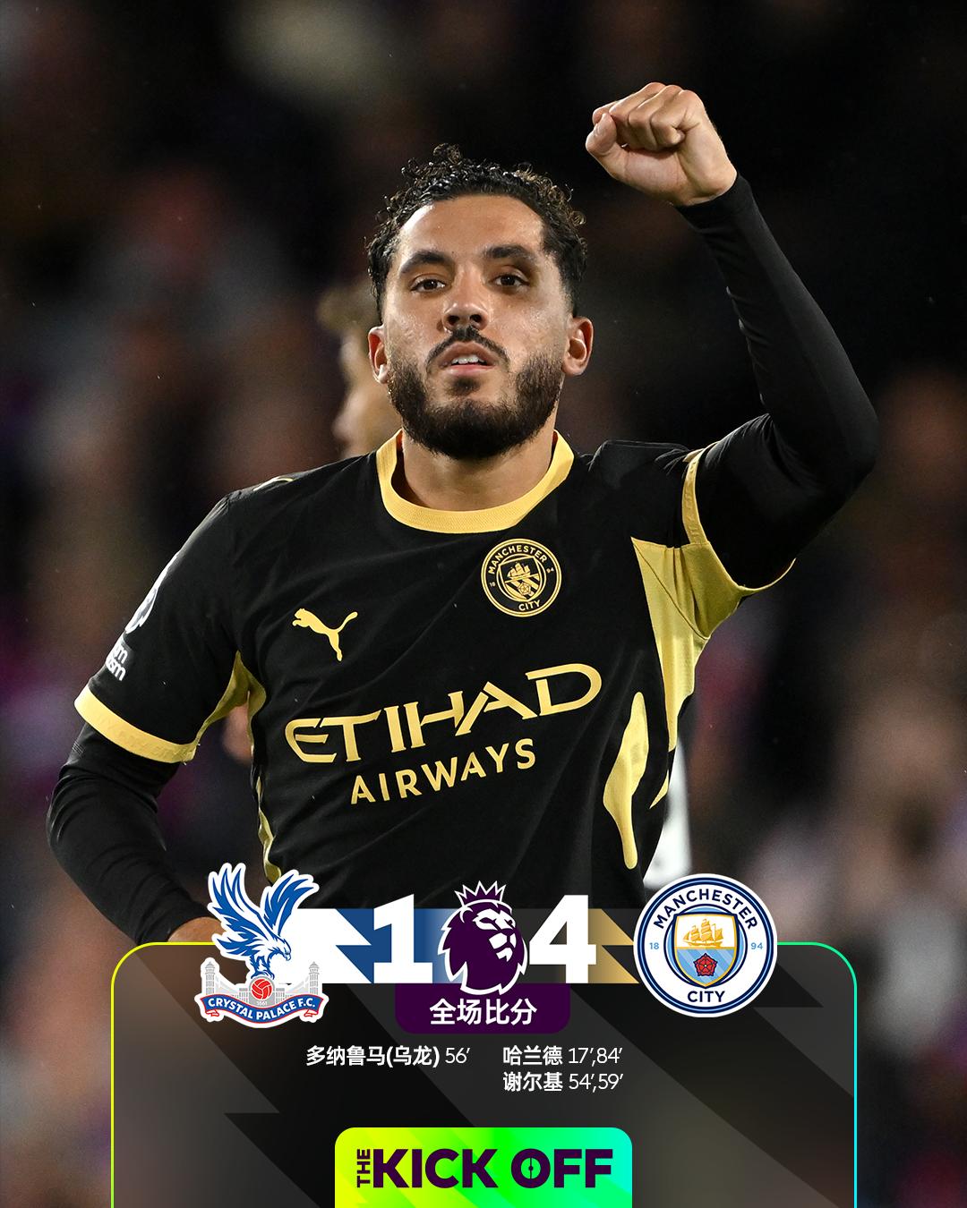 全场比分 | 水晶宫 1-4 曼城

⚽第17分钟，塞梅尼奥前场左路挑传到禁区，