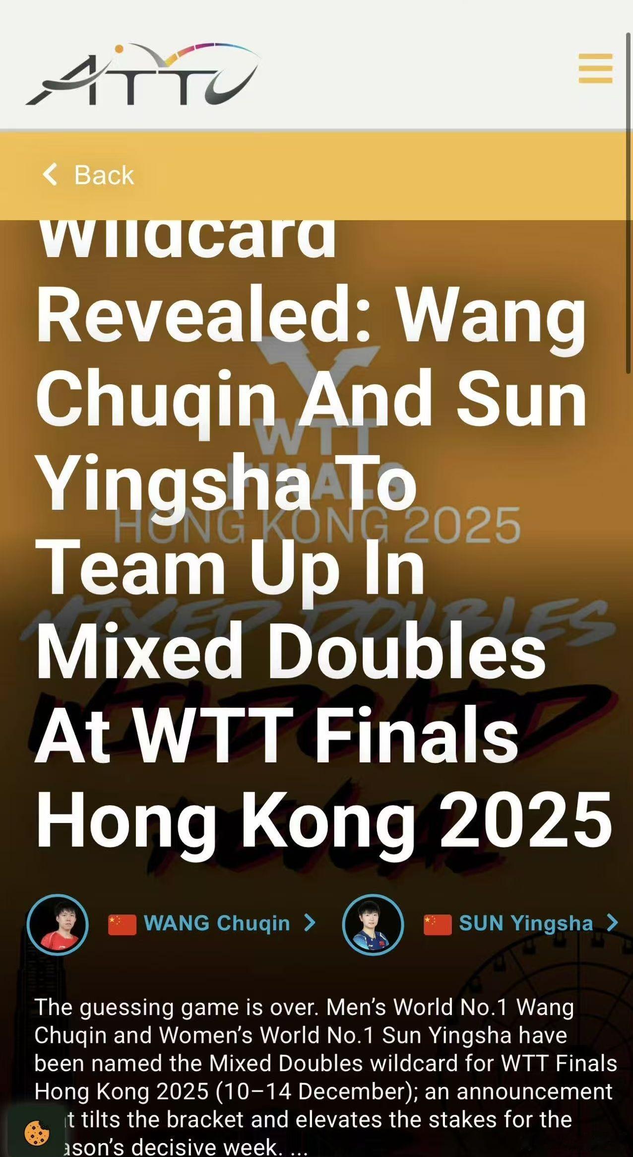 王楚钦孙颖莎获总决赛混双外卡外卡揭晓：王楚钦与孙颖莎将搭档出战2025年WTT香