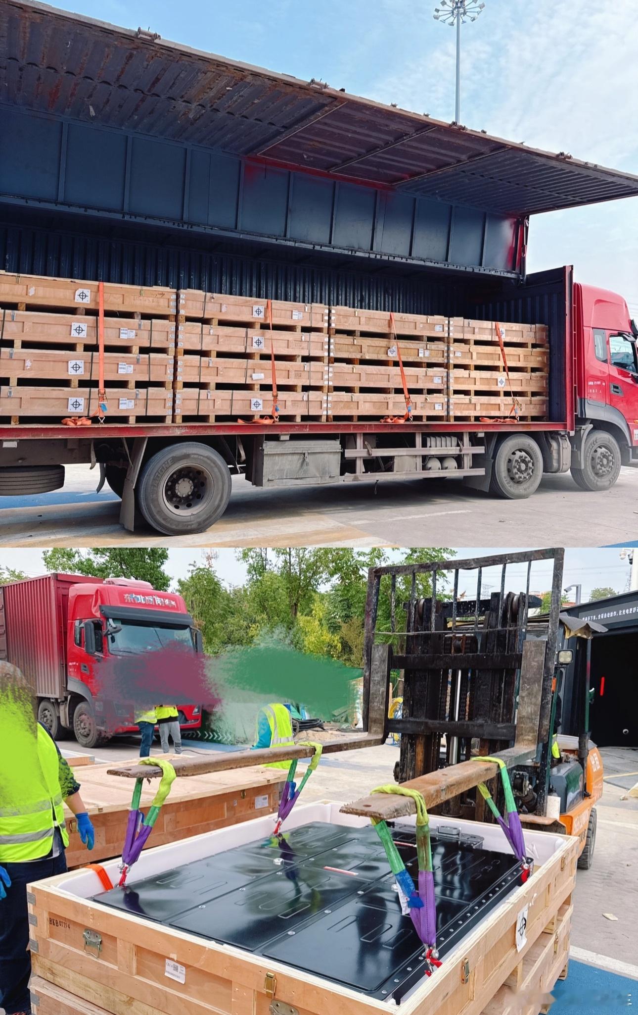 换电站日常更新电池包的图片能看出什么？通过壳体判断这是一块全新75度电池包，虽然