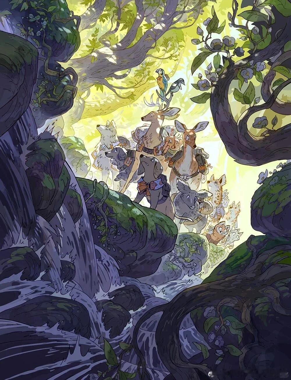 插画  在奇幻的世界里动物们和谐共处，温馨又治愈～[抱一抱] 插画分享  插画师