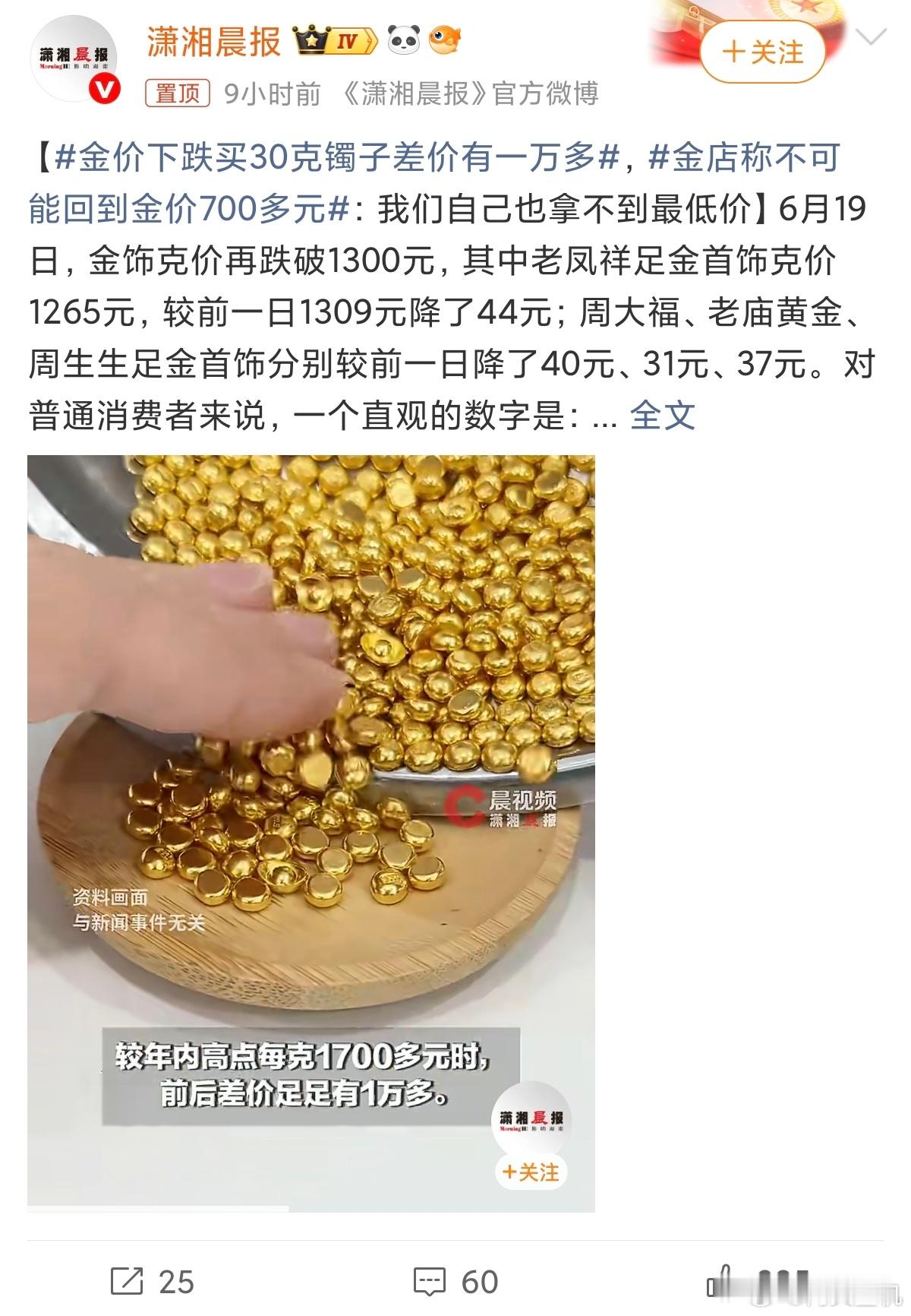金价下跌买30克镯子差价有一万多人性就是这样的，只看涨不看跌，涨了之后就盼望着跌