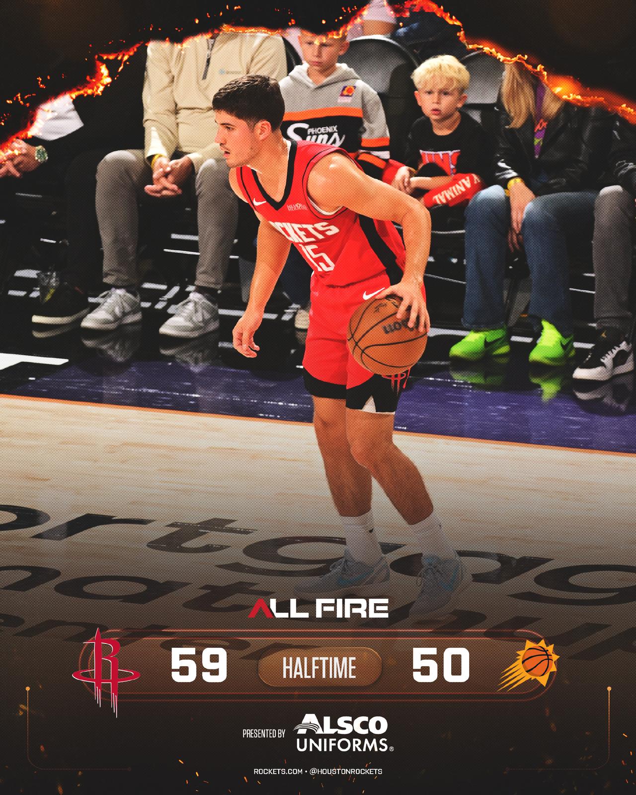 半场火箭59:50太阳。
火箭虽然只有5个失误但太阳抓住失误得了11分，太阳失误