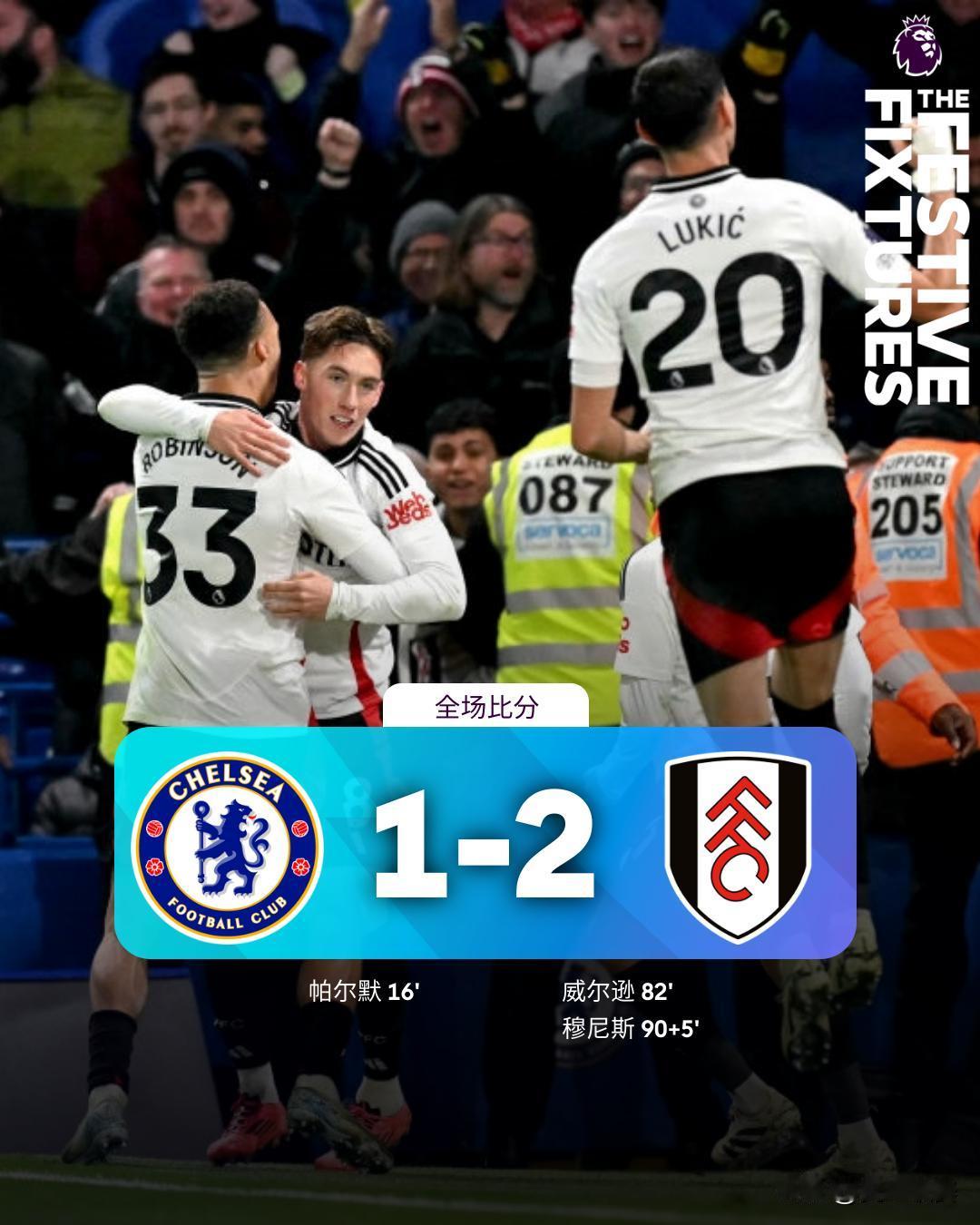 全场比分丨切尔西 1-2 富勒姆
⚽第16分钟，科尔威尔分球，帕尔默突破至弧顶闪
