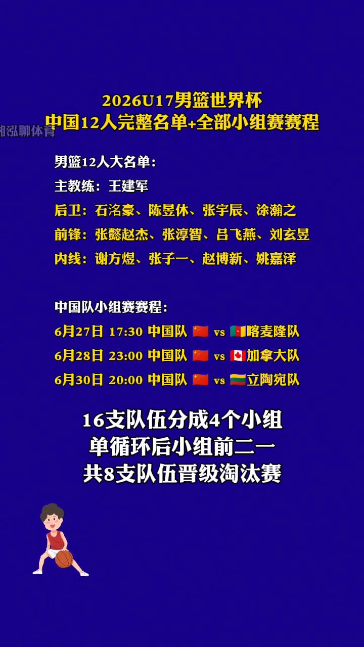 2026U17男篮世界杯中国12人完整名单+全部小组赛赛程。
男篮12人大名单：
