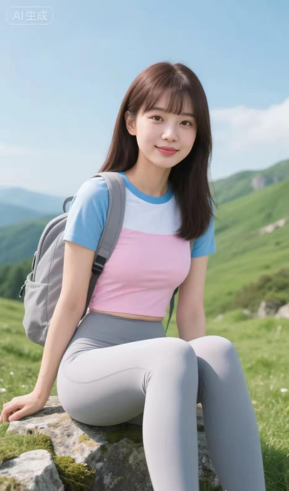 年轻东亚女生，齐刘海深棕色中长发，温柔微笑，坐在山间草地的石头上，户外徒步穿搭，
