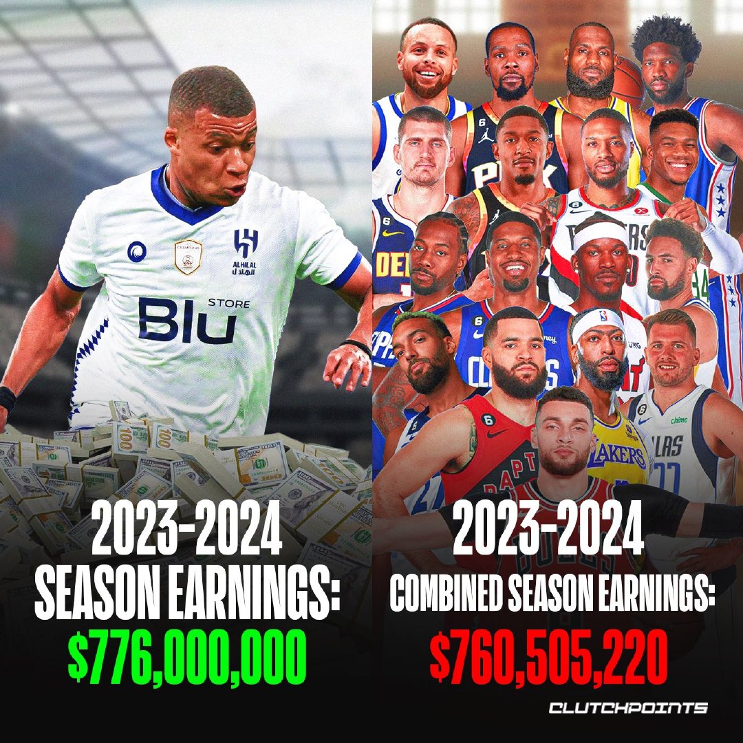 几辈子能赚这么多？💰姆巴佩收到7.76亿美元年薪报价，高于NBA新赛季年薪前1