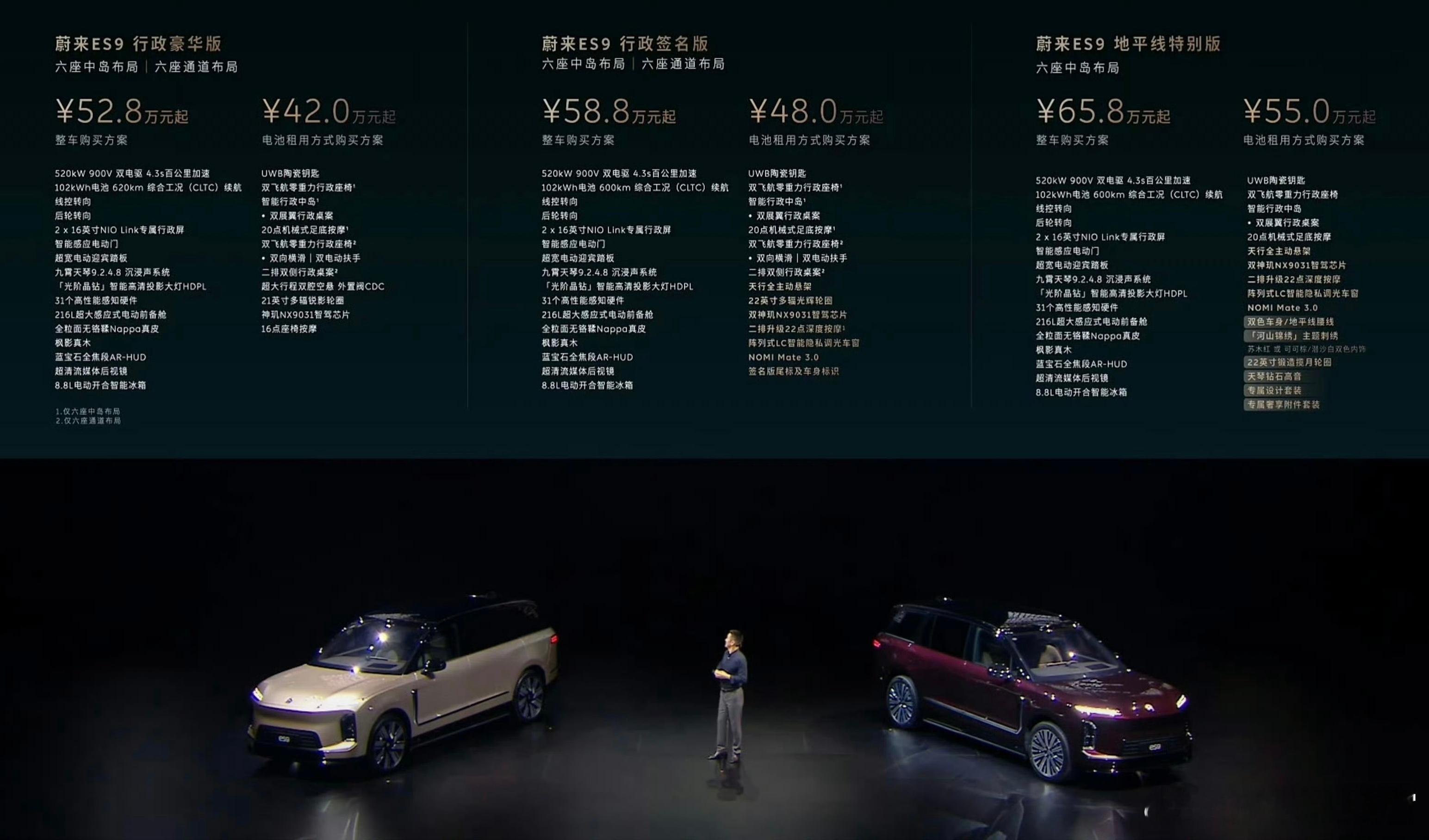 牛啤，蔚来ES9预售价公布了，行政豪华版52.8万起、BaaS租电版42万起，蔚