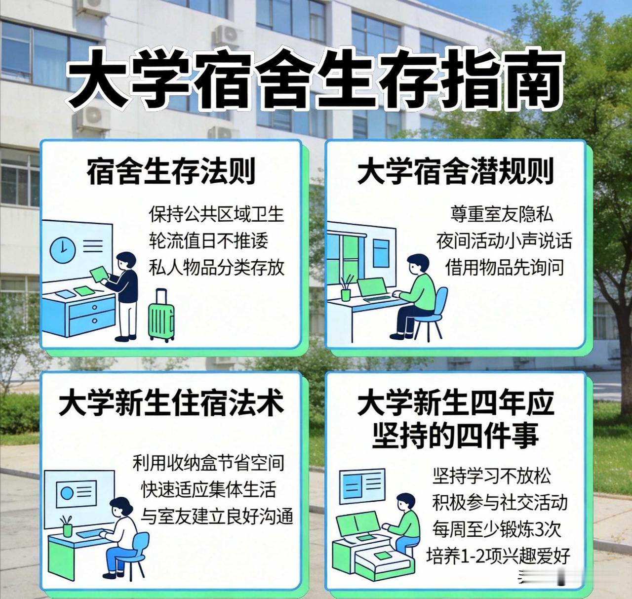 大学新生宿舍生存指南：
避开90%的糟心事！
大学新生宿舍生存10条铁则：
  