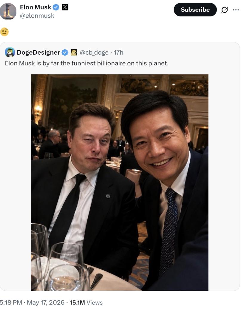 埃隆·马斯克转发了DogeDesigner发布的他和雷军的合影，DogeDesi