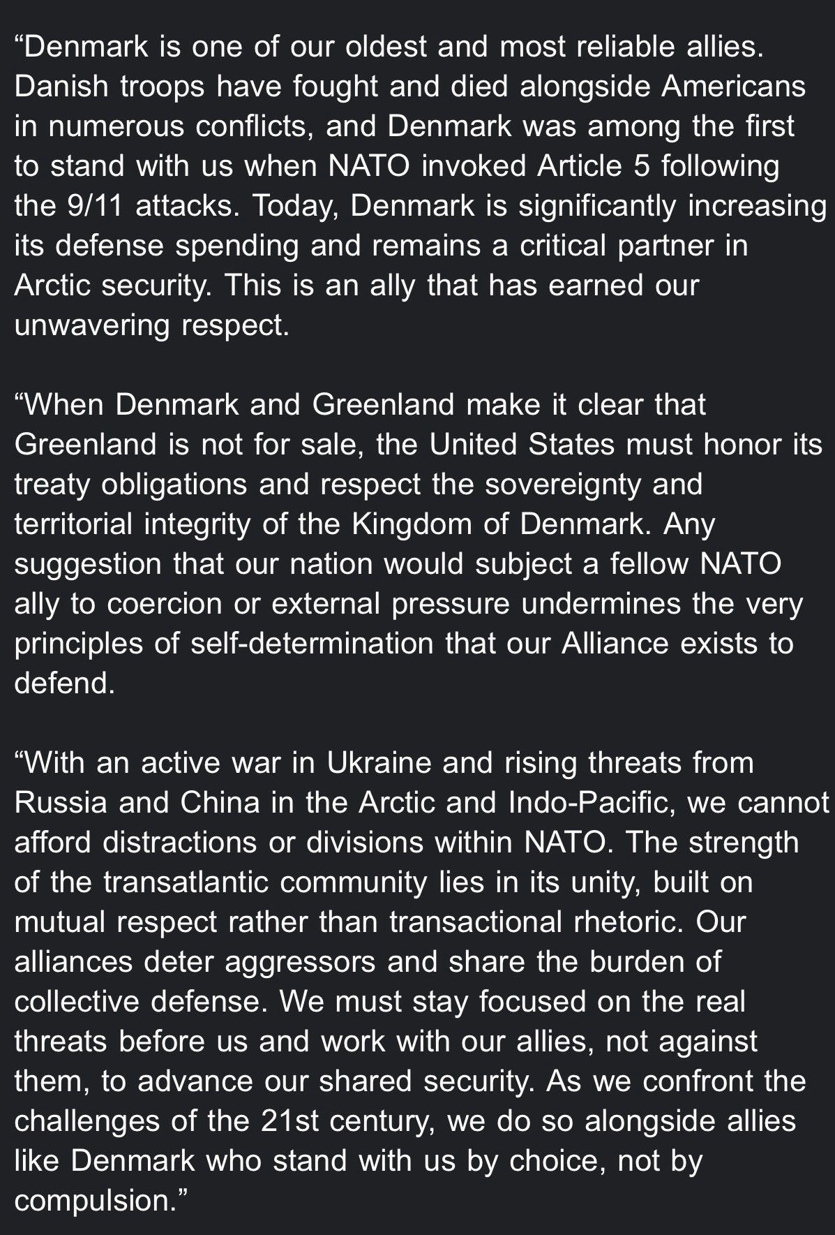 美参议院罕见两党共同声明：丹麦是我们最古老、最可靠的盟友之一。川普总统必须履行其