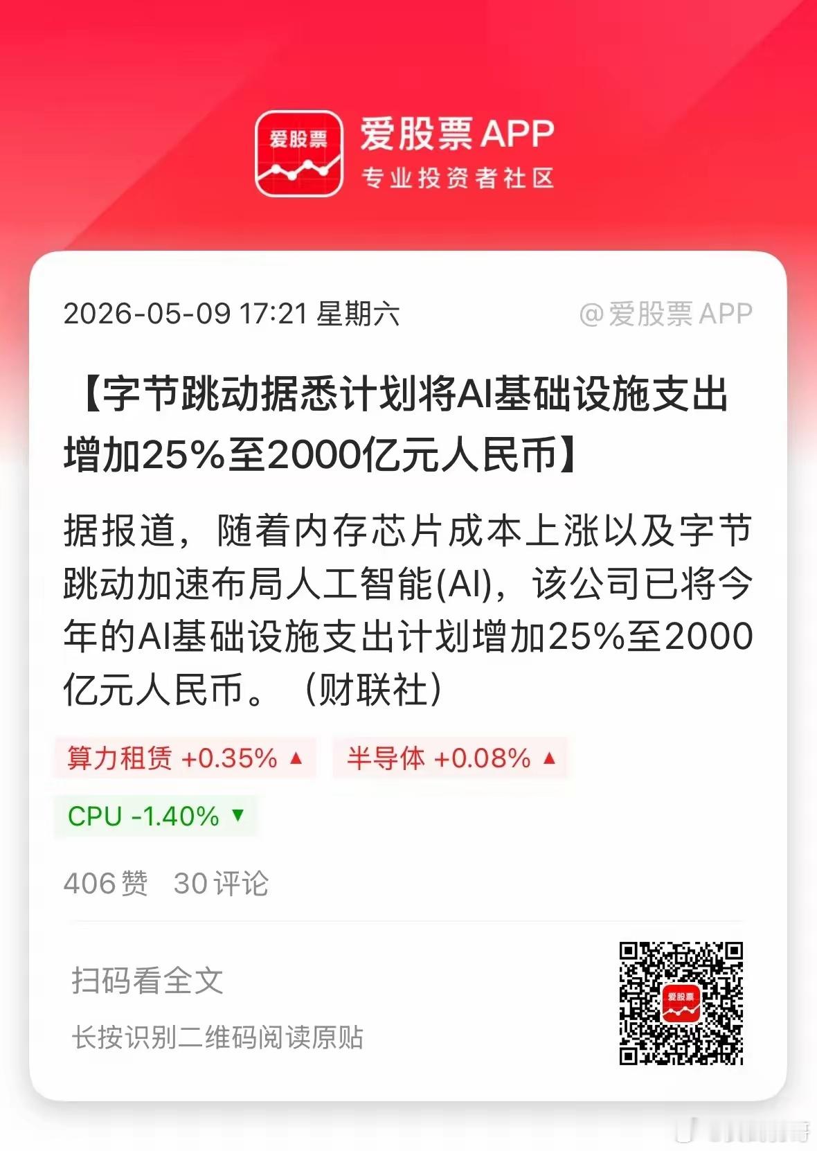 今天最大的消息，字节将AI资本开支增加25％，从1600亿上升到2000亿，拉开